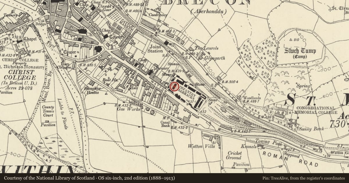 Ordnance Survey six-inch map, 2nd edition (1888–1913) covering the location of Museum at Brecon Barracks, Powys, with a pin at the register's coordinates