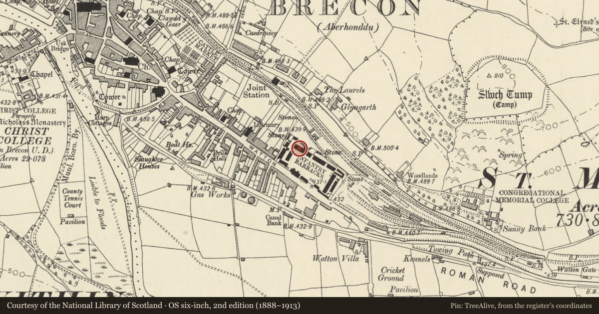 Ordnance Survey six-inch map, 2nd edition (1888–1913) covering the location of Block 12 at Barracks, Brecon, Powys, with a pin at the register's coordinates