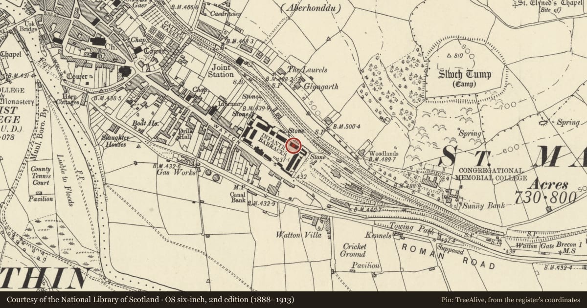 Ordnance Survey six-inch map, 2nd edition (1888–1913) covering the location of Block 18 (H Block), Brecon, Powys, with a pin at the register's coordinates