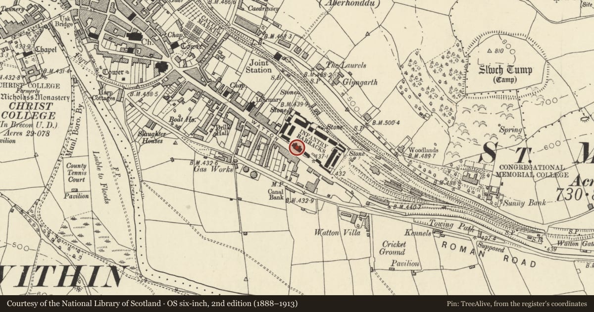 Ordnance Survey six-inch map, 2nd edition (1888–1913) covering the location of The Keep at Brecon Barracks, Powys, with a pin at the register's coordinates