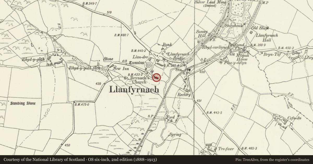 Ordnance Survey six-inch map, 2nd edition (1888–1913) covering the location of Church of St Brynach, Crymych, Pembrokeshire, with a pin at the register's coordinates