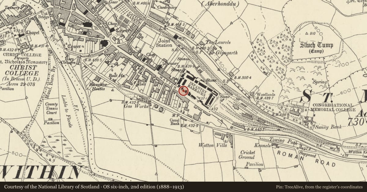 Ordnance Survey six-inch map, 2nd edition (1888–1913) covering the location of Boundary Wall along The Watton, Brecon Barracks, Powys, with a pin at the register's coordinates