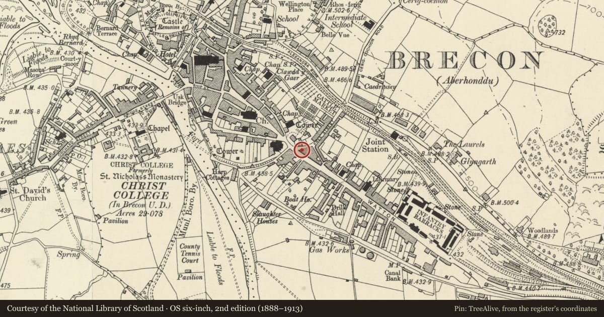 Ordnance Survey six-inch map, 2nd edition (1888–1913) covering the location of House, including Rear Wing with NW Elevation in Free Street, Brecon, Powys, with a pin at the register's coordinates
