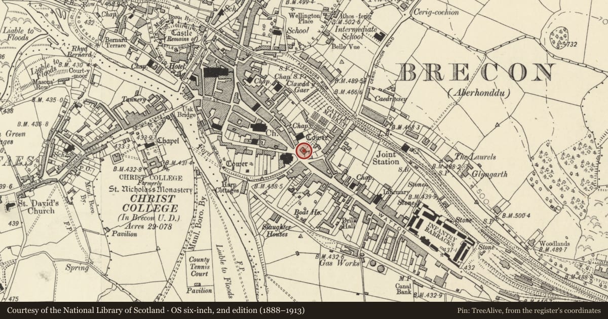 Ordnance Survey six-inch map, 2nd edition (1888–1913) covering the location of Watton Mount, Brecon, Powys, with a pin at the register's coordinates
