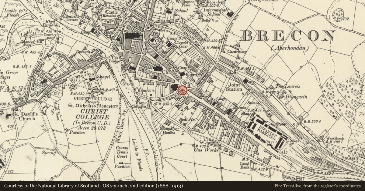Ordnance Survey six-inch map, 2nd edition (1888–1913) covering the location of The Puzzle Tree Restaurant, including Stone Wall and Railings, Brecon, Powys, with a pin at the register's coordinates
