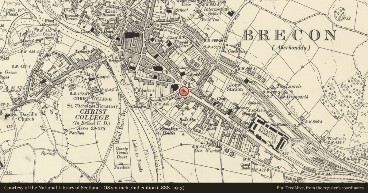 Ordnance Survey six-inch map, 2nd edition (1888–1913) covering the location of 37 The Watton, Brecon, Powys, with a pin at the register's coordinates