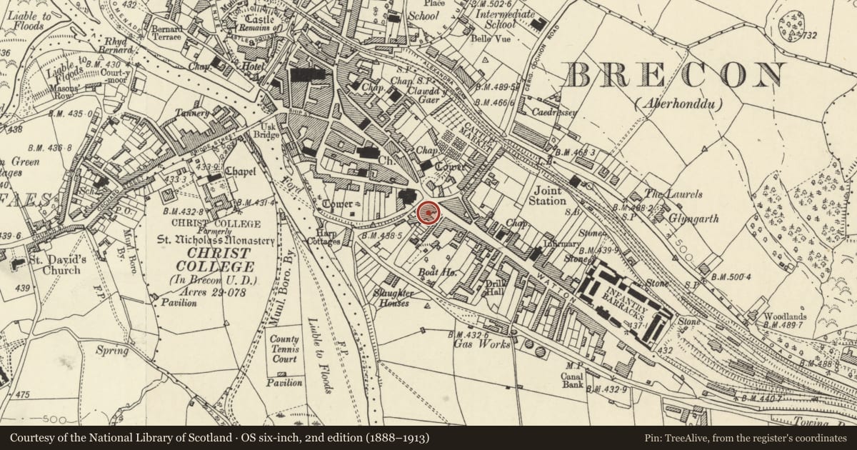 Ordnance Survey six-inch map, 2nd edition (1888–1913) covering the location of Shop, including former Theatre to rear, Brecon, Powys, with a pin at the register's coordinates