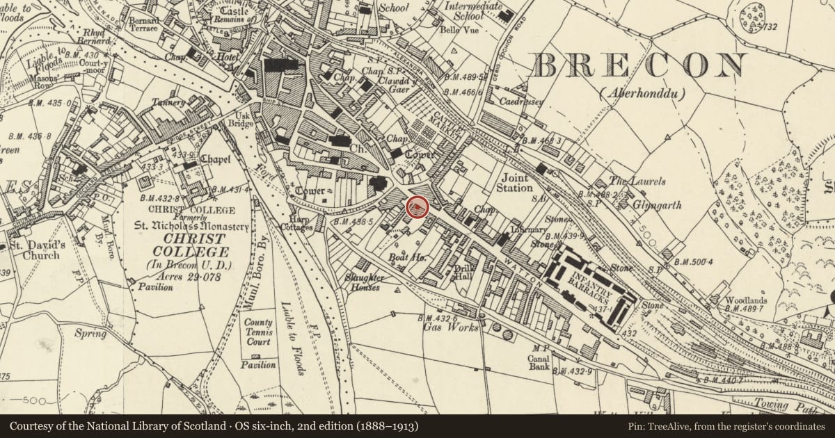 Ordnance Survey six-inch map, 2nd edition (1888–1913) covering the location of Lansdowne Hotel, including block to rear in Lansdowne Terrace, Brecon, Powys, with a pin at the register's coordinates