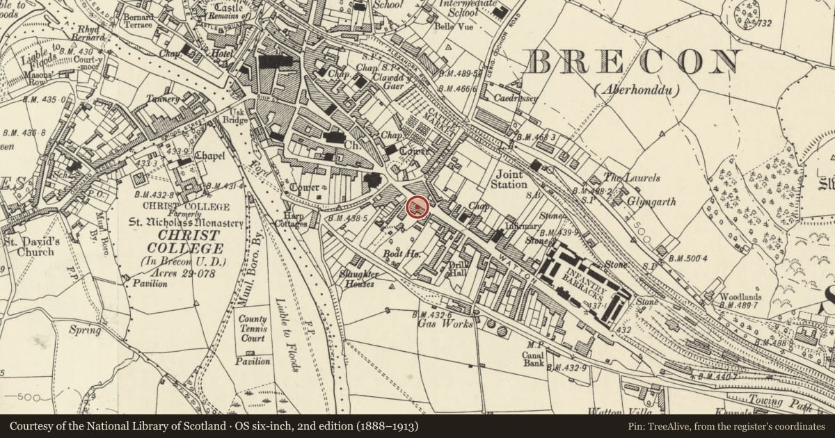 Ordnance Survey six-inch map, 2nd edition (1888–1913) covering the location of Oxford House, Brecon, Powys, with a pin at the register's coordinates