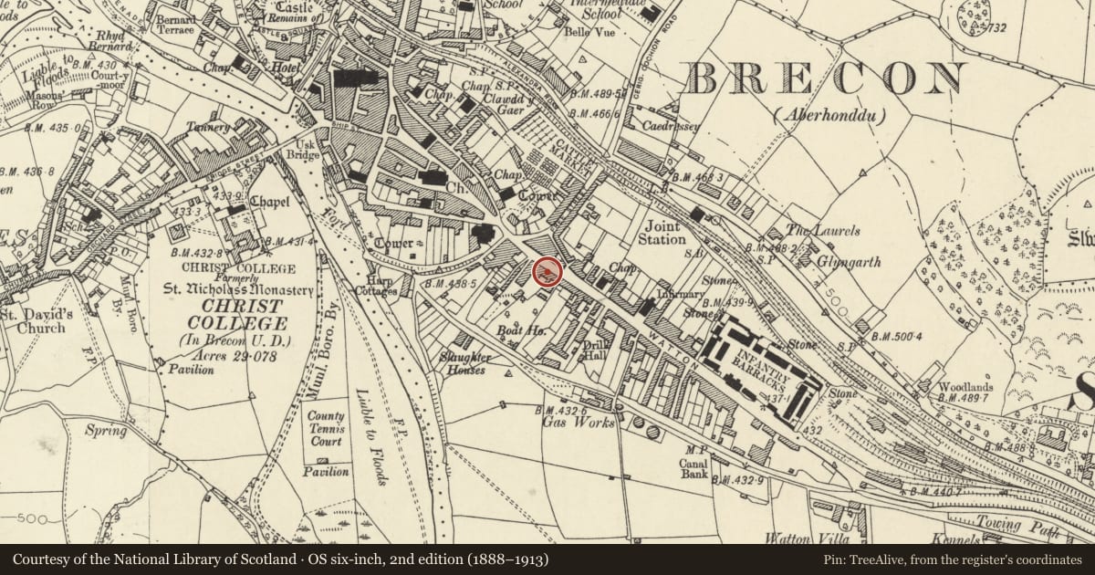Ordnance Survey six-inch map, 2nd edition (1888–1913) covering the location of 41 The Watton, Brecon, Powys, with a pin at the register's coordinates