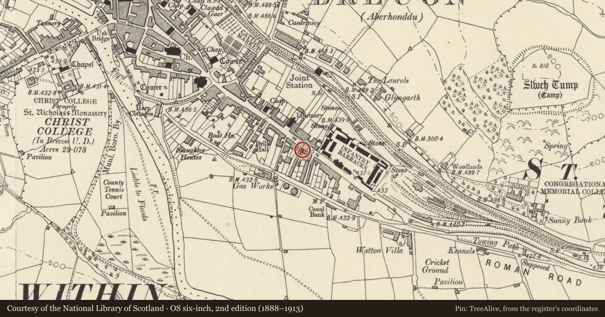 Ordnance Survey six-inch map, 2nd edition (1888–1913) covering the location of 73 The Watton, Brecon, Powys, with a pin at the register's coordinates