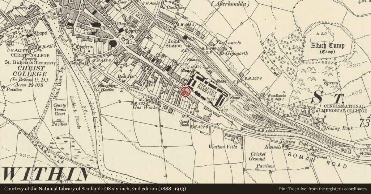 Ordnance Survey six-inch map, 2nd edition (1888–1913) covering the location of 84 The Watton, Brecon, Powys, with a pin at the register's coordinates