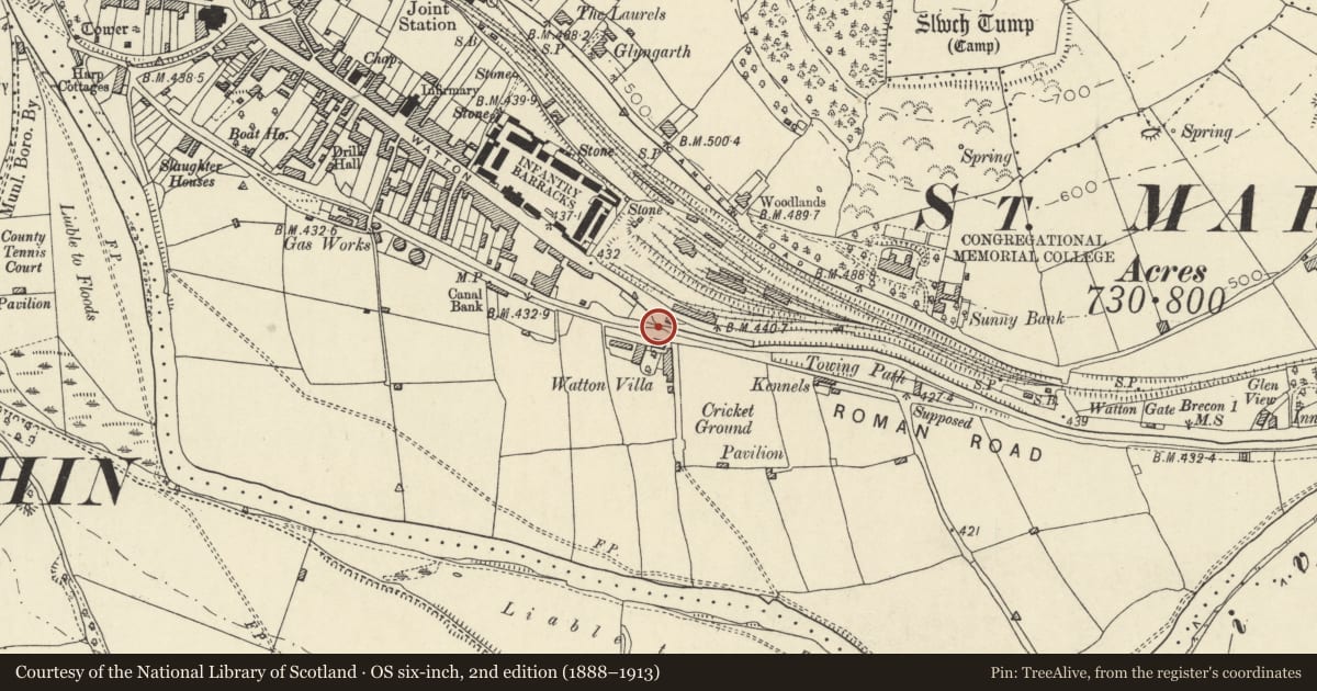 Ordnance Survey six-inch map, 2nd edition (1888–1913) covering the location of Canal and former Hay Railway bridge to SW of Toll Gate Cottage, Brecon, Powys, with a pin at the register's coordinates