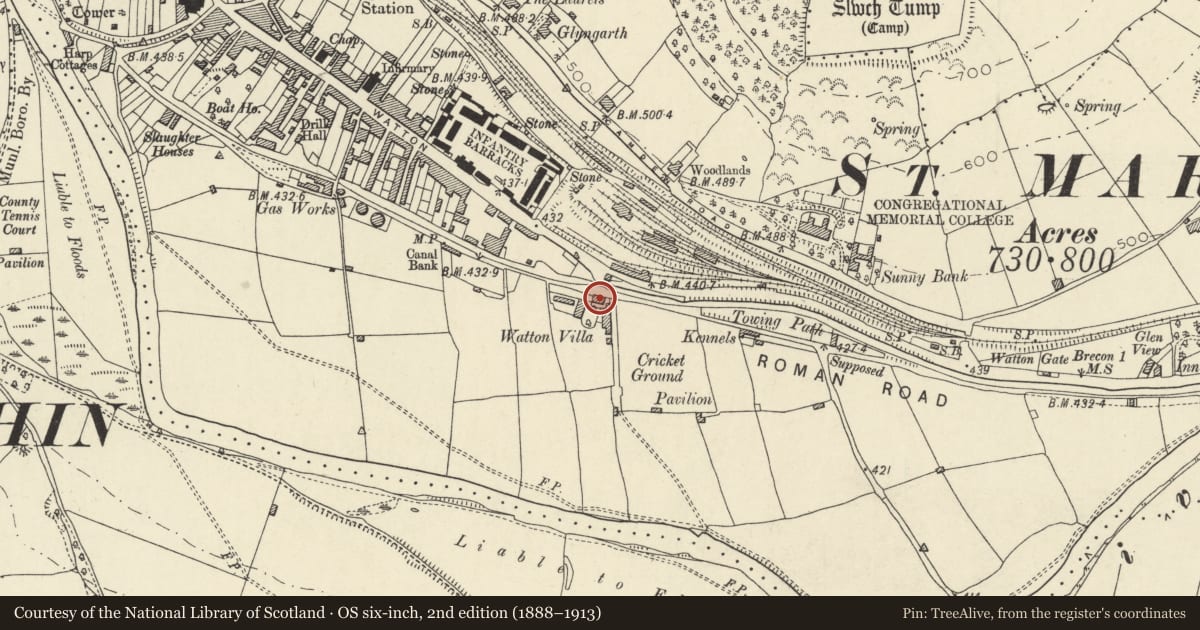 Ordnance Survey six-inch map, 2nd edition (1888–1913) covering the location of Ty Camlas, Brecon, Powys, with a pin at the register's coordinates