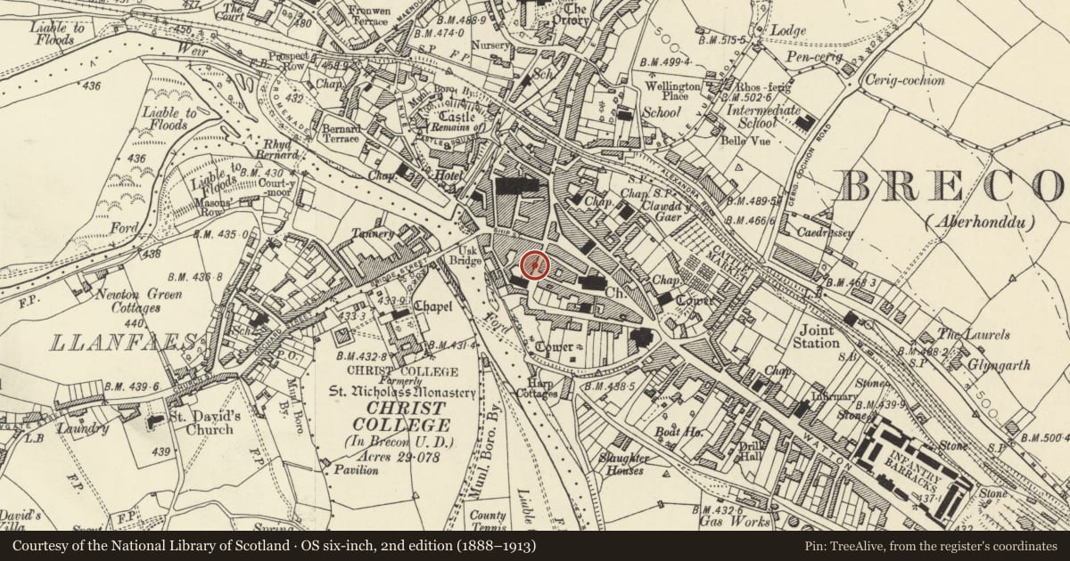 Ordnance Survey six-inch map, 2nd edition (1888–1913) covering the location of 8 Wheat Street, Brecon, Powys, with a pin at the register's coordinates