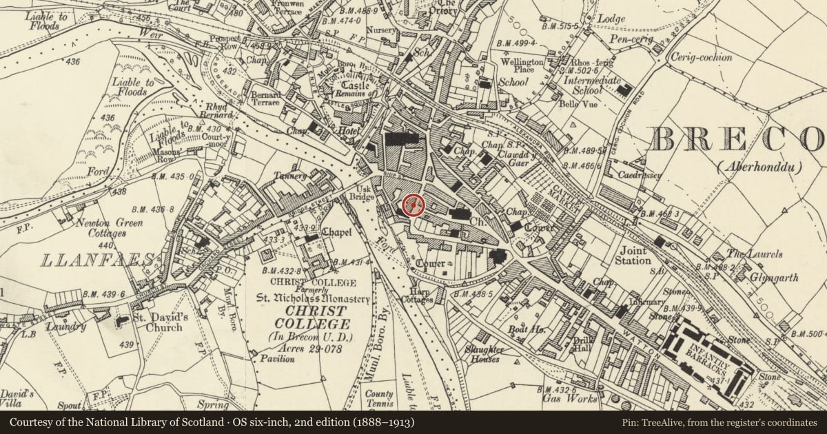 Ordnance Survey six-inch map, 2nd edition (1888–1913) covering the location of 10 Wheat Street, Brecon, Powys, with a pin at the register's coordinates