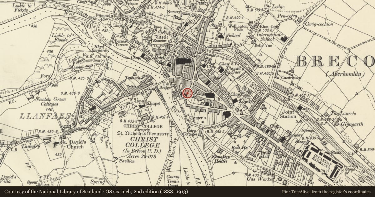 Ordnance Survey six-inch map, 2nd edition (1888–1913) covering the location of Front Wing of St Michael's Hall, Brecon, Powys, with a pin at the register's coordinates