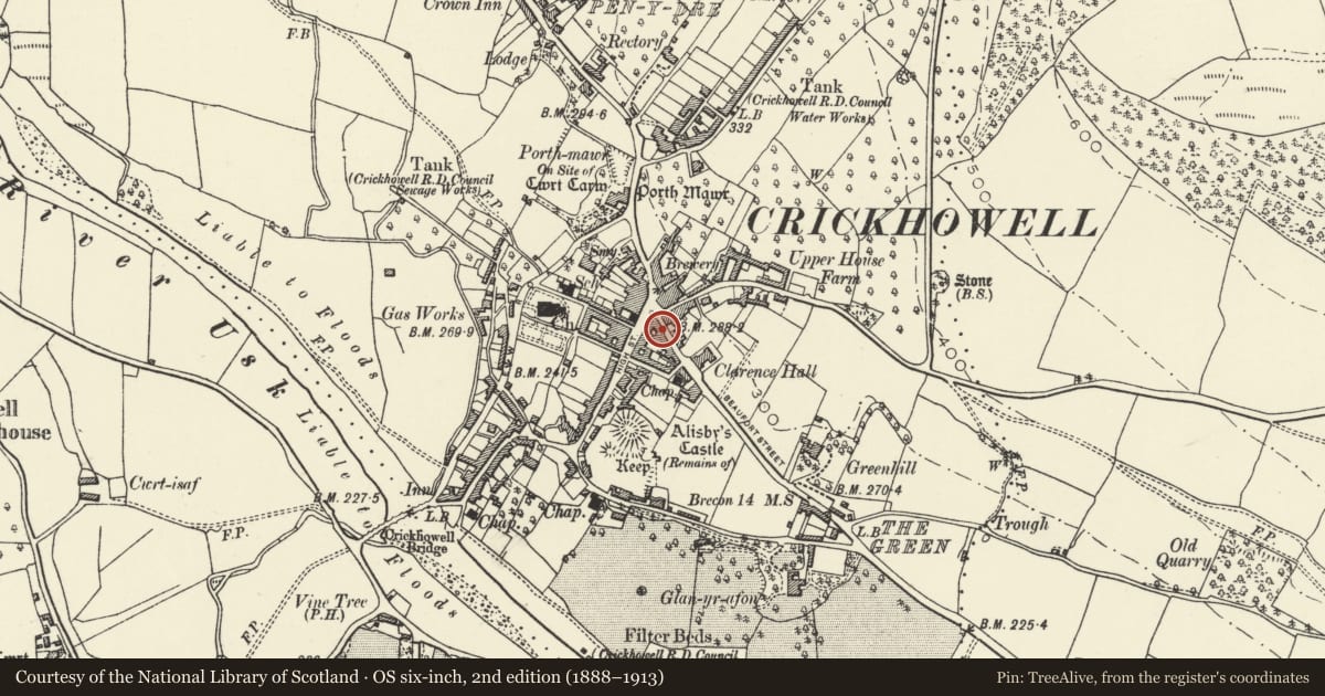 Ordnance Survey six-inch map, 2nd edition (1888–1913) covering the location of Floriana, Crickhowell, Powys, with a pin at the register's coordinates