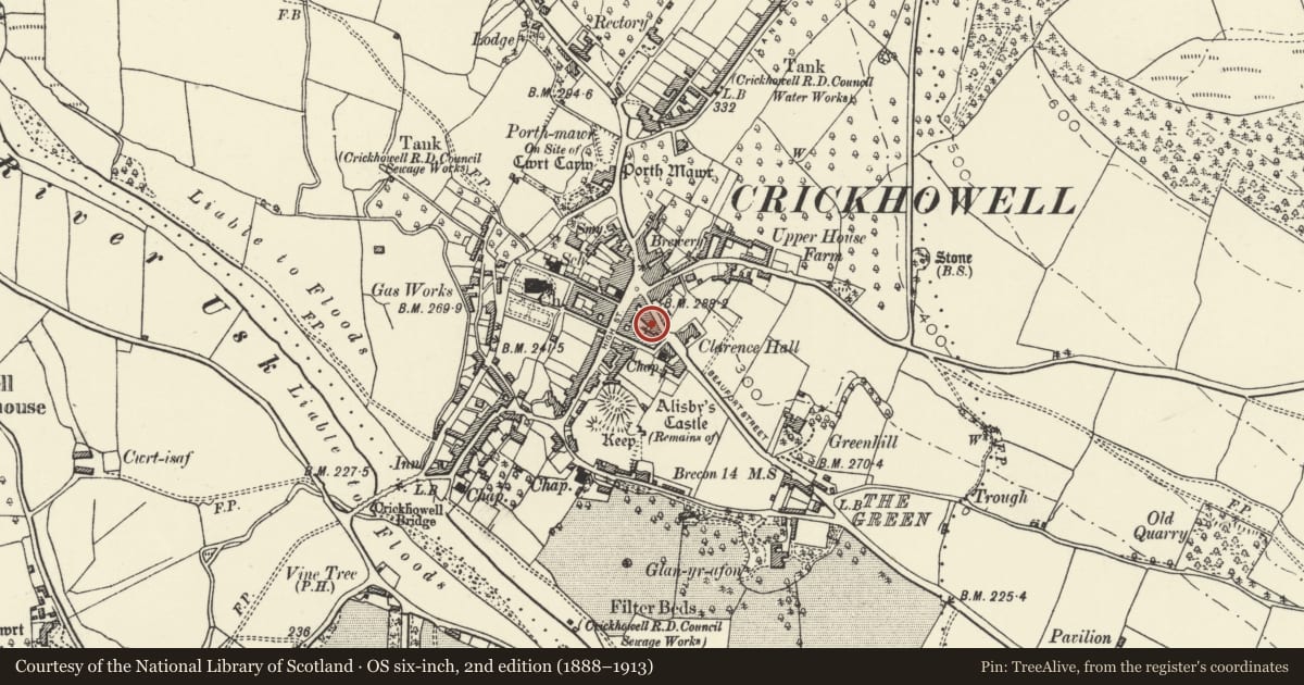 Ordnance Survey six-inch map, 2nd edition (1888–1913) covering the location of Beaufort Arms Hotel, Crickhowell, Powys, with a pin at the register's coordinates