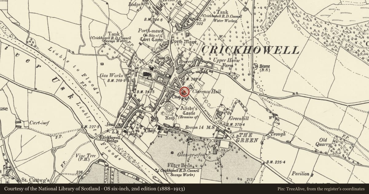 Ordnance Survey six-inch map, 2nd edition (1888–1913) covering the location of Bank Buildings, Crickhowell, Powys, with a pin at the register's coordinates