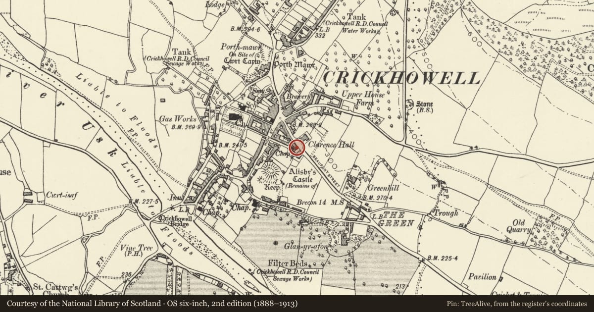 Ordnance Survey six-inch map, 2nd edition (1888–1913) covering the location of Bank Buildings, Crickhowell, Powys, with a pin at the register's coordinates