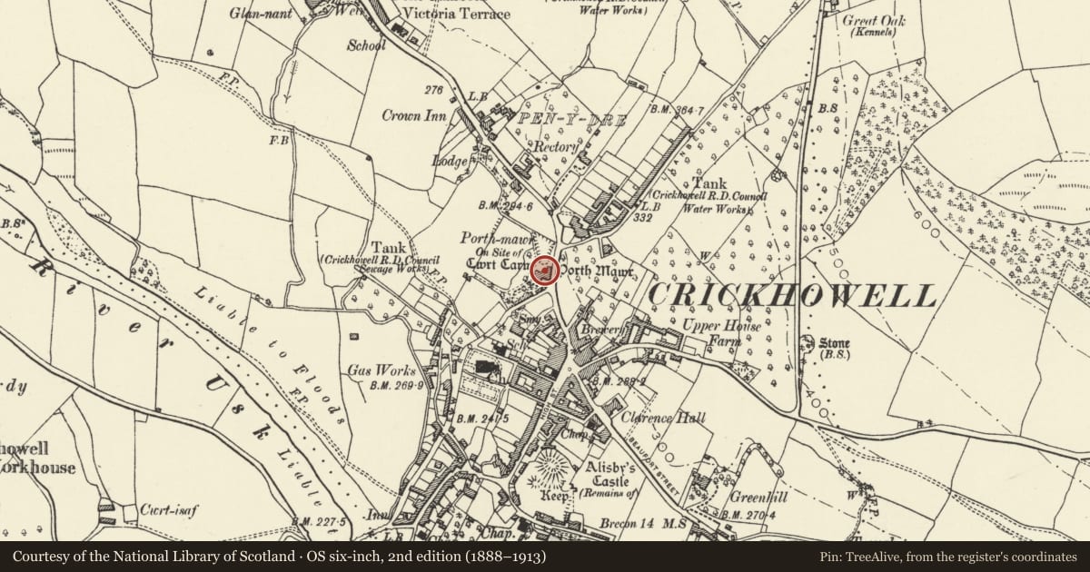Ordnance Survey six-inch map, 2nd edition (1888–1913) covering the location of Porth Mawr House, Crickhowell, Powys, with a pin at the register's coordinates