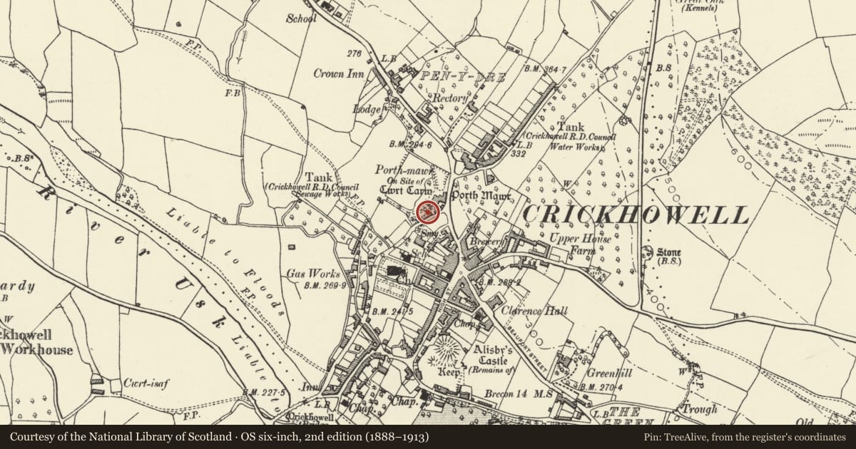 Ordnance Survey six-inch map, 2nd edition (1888–1913) covering the location of Coach-house at Porth Mawr & adjoining boundary walls to SW end and NE to Gate-house on Brecon Road, Crickhowell, Powys, with a pin at the register's coordinates