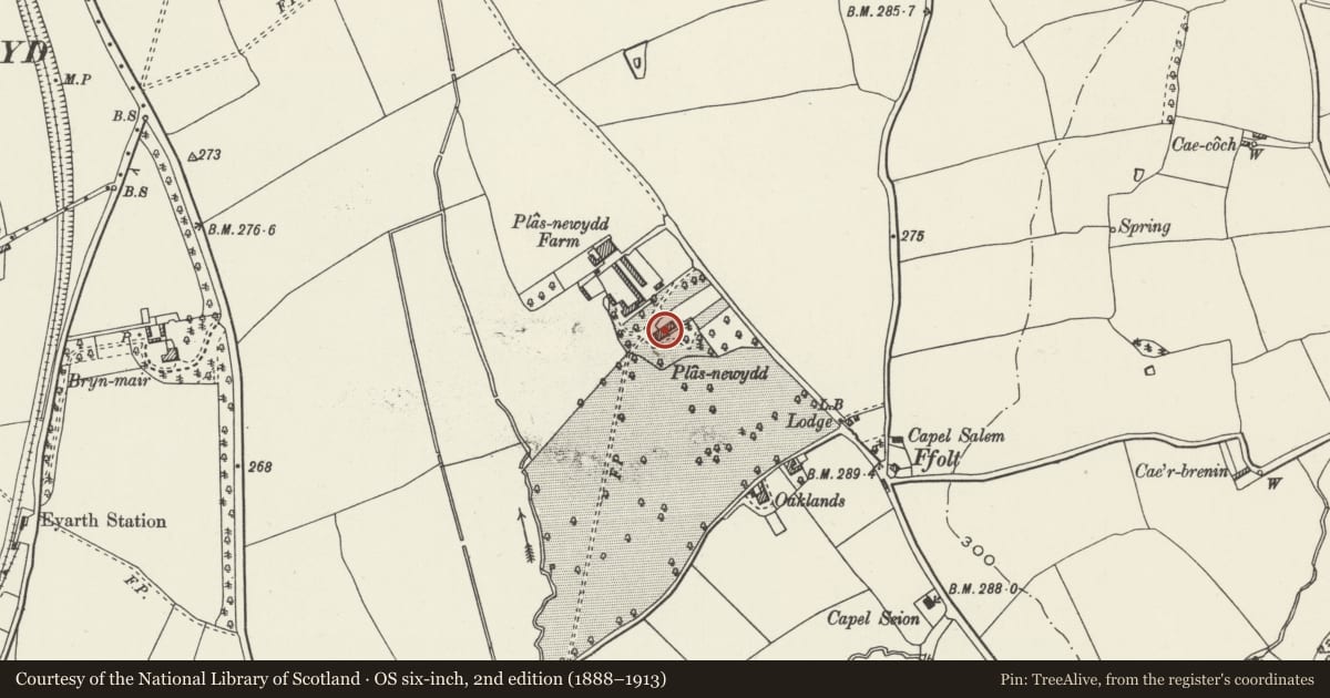 Ordnance Survey six-inch map, 2nd edition (1888–1913) covering the location of Plas-newydd Hall, Llanfair Dyffryn Clwyd, Denbighshire, with a pin at the register's coordinates