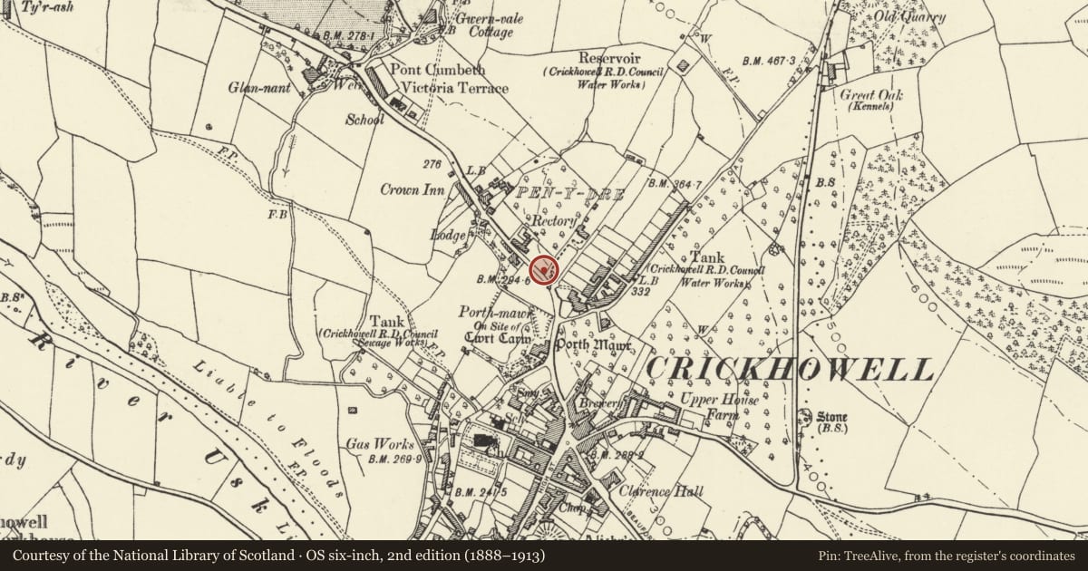 Ordnance Survey six-inch map, 2nd edition (1888–1913) covering the location of Gazebo, Crickhowell, Powys, with a pin at the register's coordinates