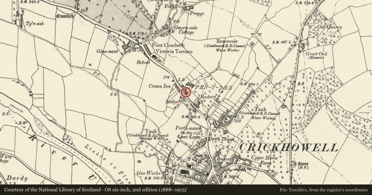 Ordnance Survey six-inch map, 2nd edition (1888–1913) covering the location of Pen-y-Dre Cottage, Crickhowell, Powys, with a pin at the register's coordinates