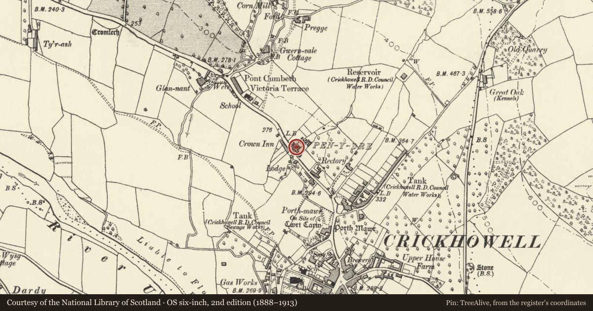 Ordnance Survey six-inch map, 2nd edition (1888–1913) covering the location of Tygwyn, Crickhowell, Powys, with a pin at the register's coordinates