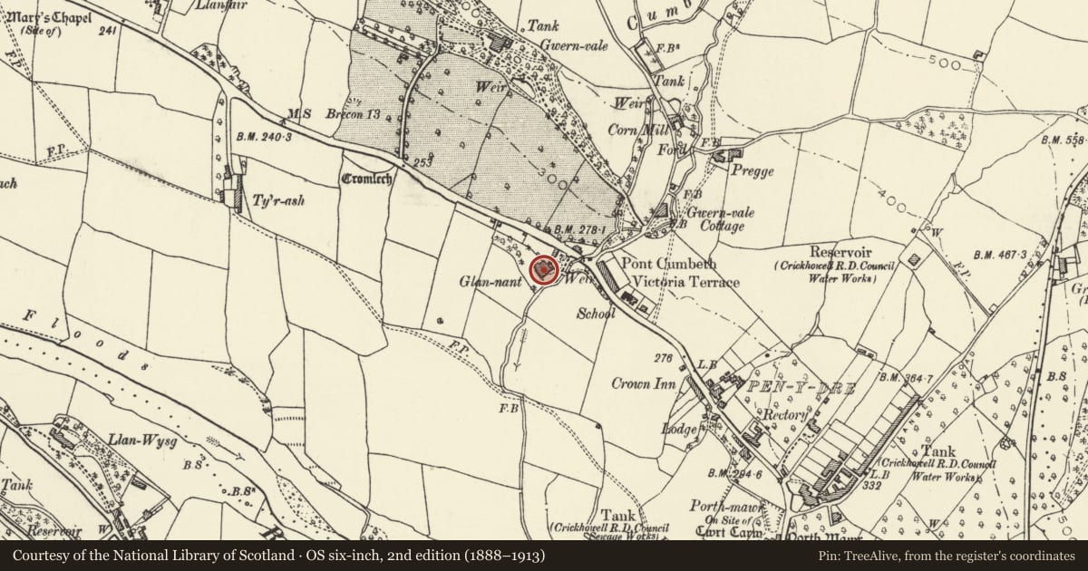 Ordnance Survey six-inch map, 2nd edition (1888–1913) covering the location of Glan Nant, Crickhowell, Powys, with a pin at the register's coordinates