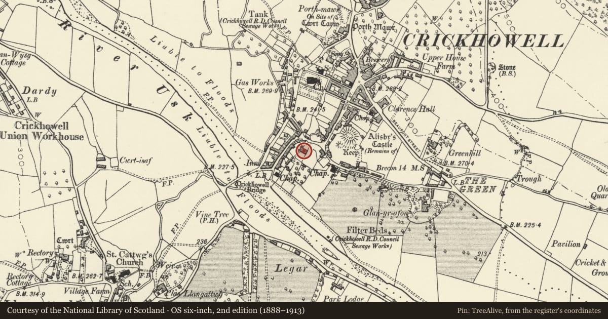 Ordnance Survey six-inch map, 2nd edition (1888–1913) covering the location of Herbert Hall, Crickhowell, Powys, with a pin at the register's coordinates