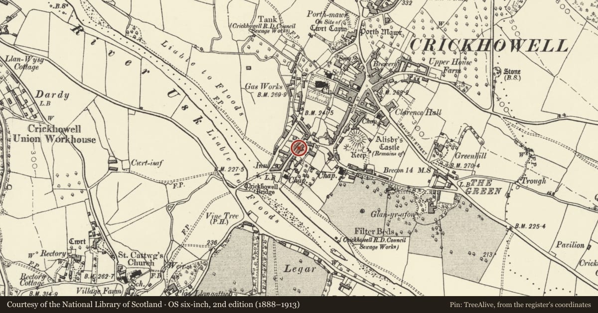 Ordnance Survey six-inch map, 2nd edition (1888–1913) covering the location of 5 & 6 Bridge Street, Crickhowell, Powys, with a pin at the register's coordinates