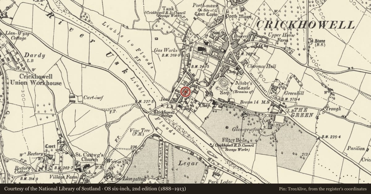 Ordnance Survey six-inch map, 2nd edition (1888–1913) covering the location of 10 Bridge Street, Crickhowell, Powys, with a pin at the register's coordinates