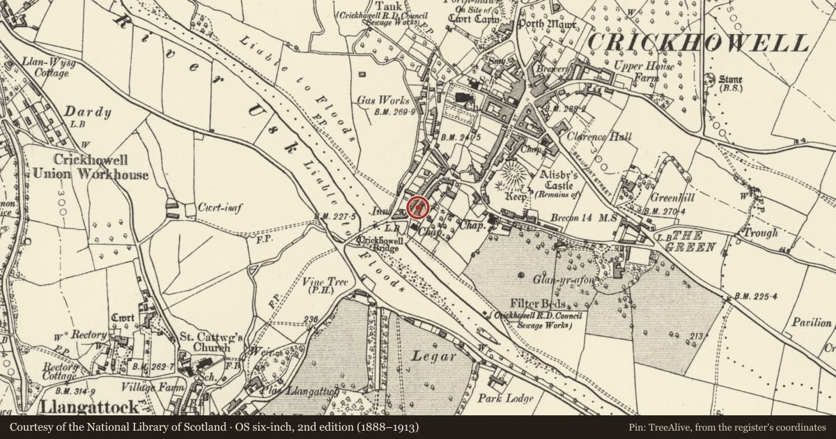 Ordnance Survey six-inch map, 2nd edition (1888–1913) covering the location of 16 Bridge Street, Crickhowell, Powys, with a pin at the register's coordinates