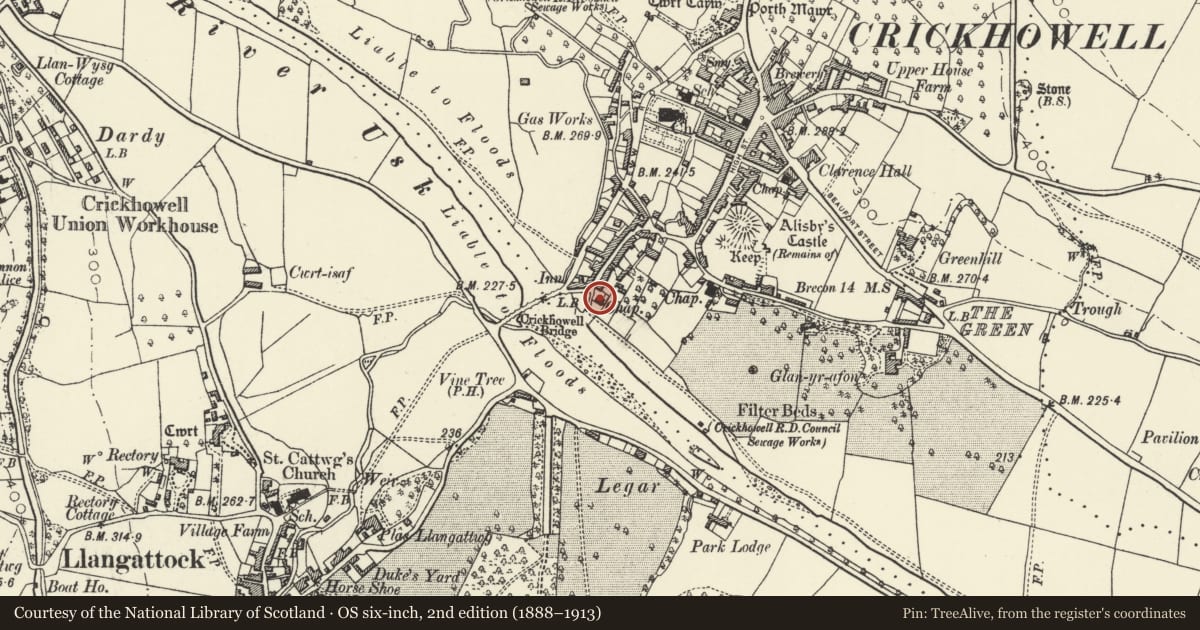 Ordnance Survey six-inch map, 2nd edition (1888–1913) covering the location of Bethabara Baptist Chapel, Crickhowell, Powys, with a pin at the register's coordinates