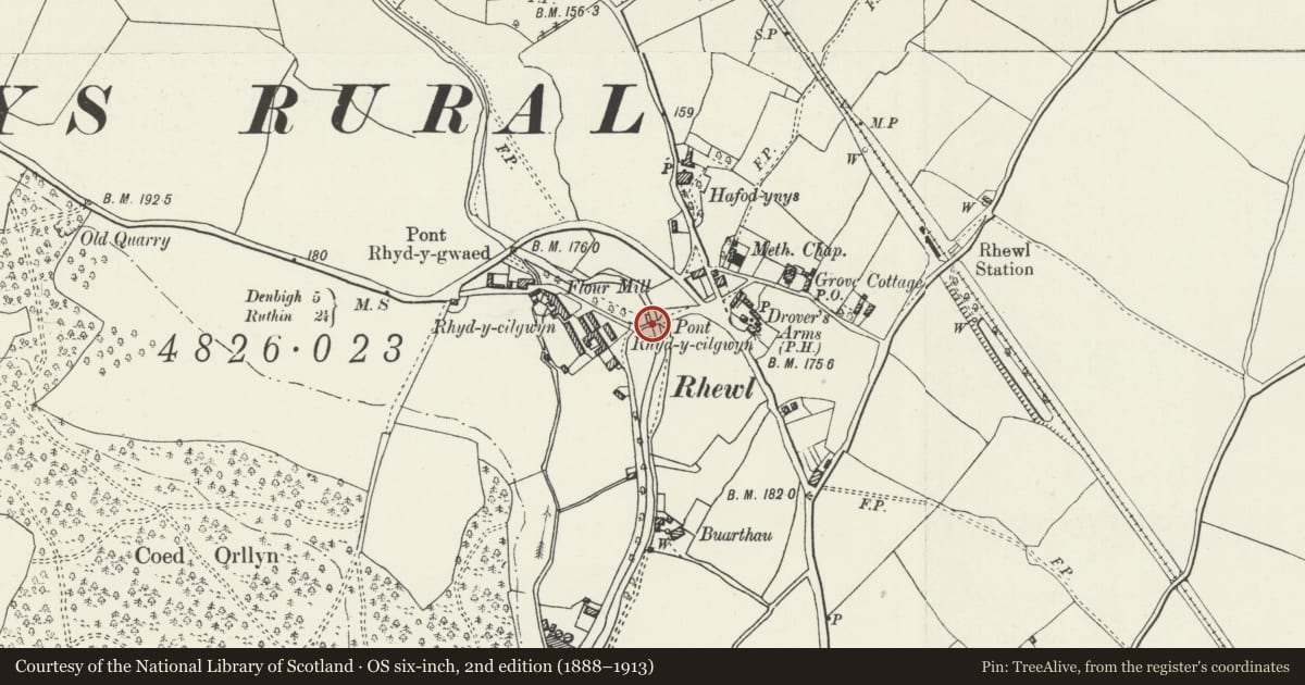 Ordnance Survey six-inch map, 2nd edition (1888–1913) covering the location of Pont Rhyd-y-Cilgwyn, Llanynys, Denbighshire, with a pin at the register's coordinates