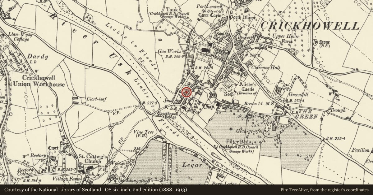 Ordnance Survey six-inch map, 2nd edition (1888–1913) covering the location of Talbot House, Crickhowell, Powys, with a pin at the register's coordinates