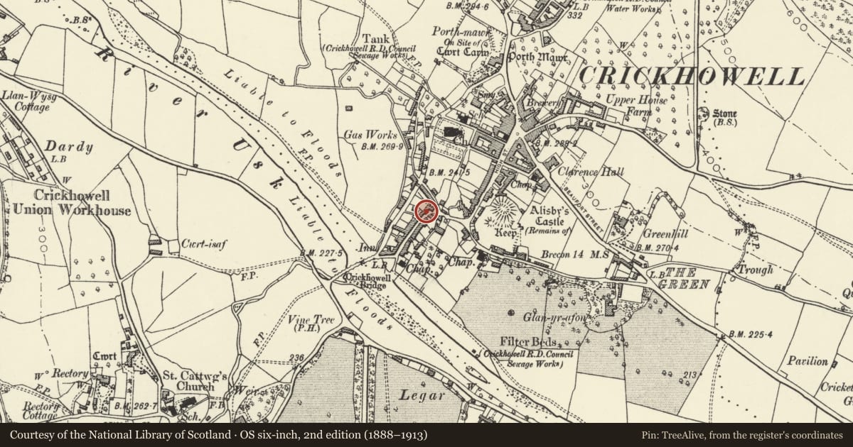 Ordnance Survey six-inch map, 2nd edition (1888–1913) covering the location of 36 Bridge Street, Crickhowell, Powys, with a pin at the register's coordinates