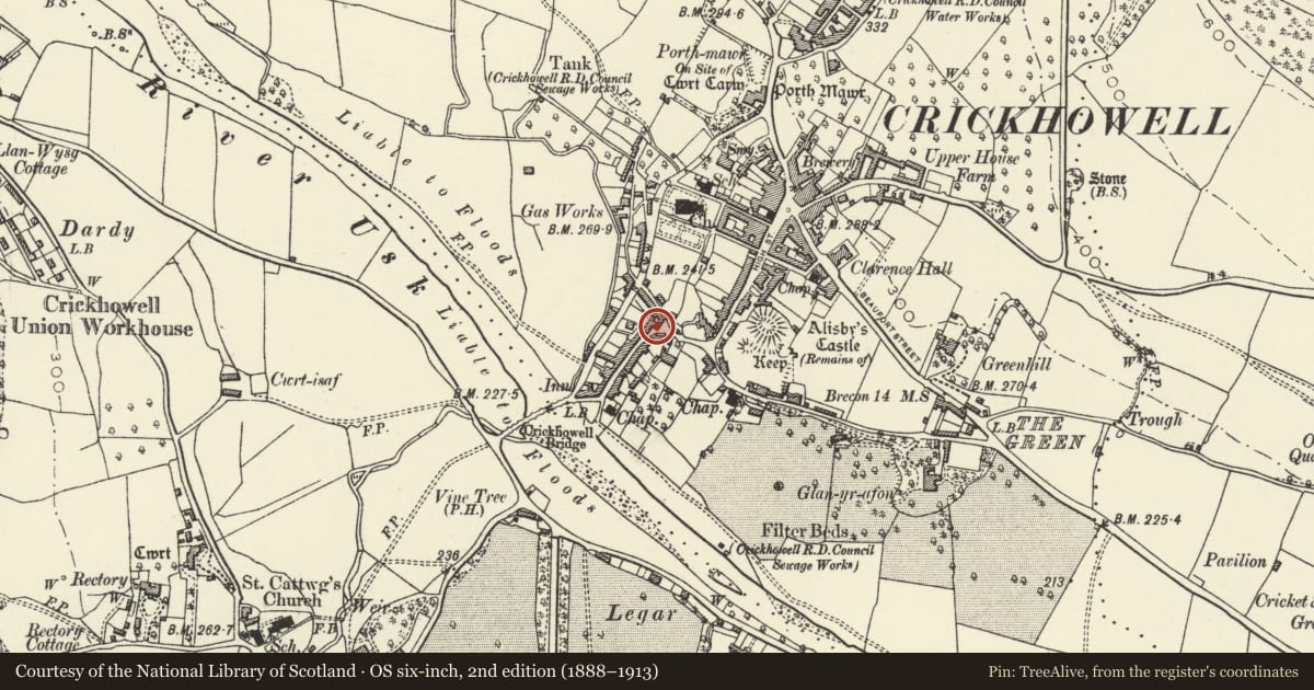 Ordnance Survey six-inch map, 2nd edition (1888–1913) covering the location of 39 Bridge Street, Crickhowell, Powys, with a pin at the register's coordinates