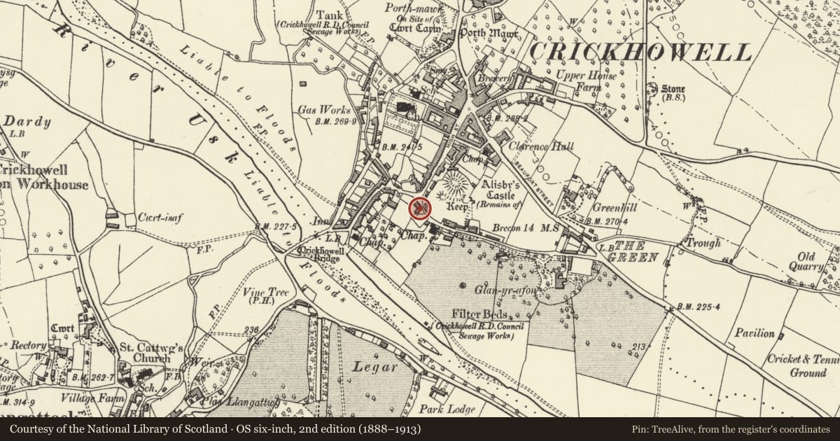 Ordnance Survey six-inch map, 2nd edition (1888–1913) covering the location of Dan-y-Castell, Crickhowell, Powys, with a pin at the register's coordinates