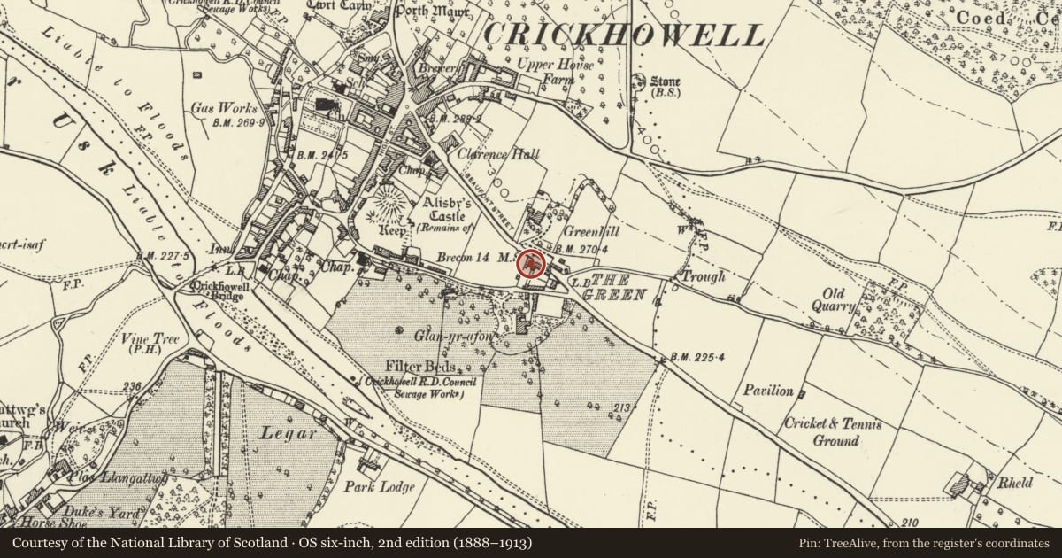 Ordnance Survey six-inch map, 2nd edition (1888–1913) covering the location of Greenhill Villas, Crickhowell, Powys, with a pin at the register's coordinates
