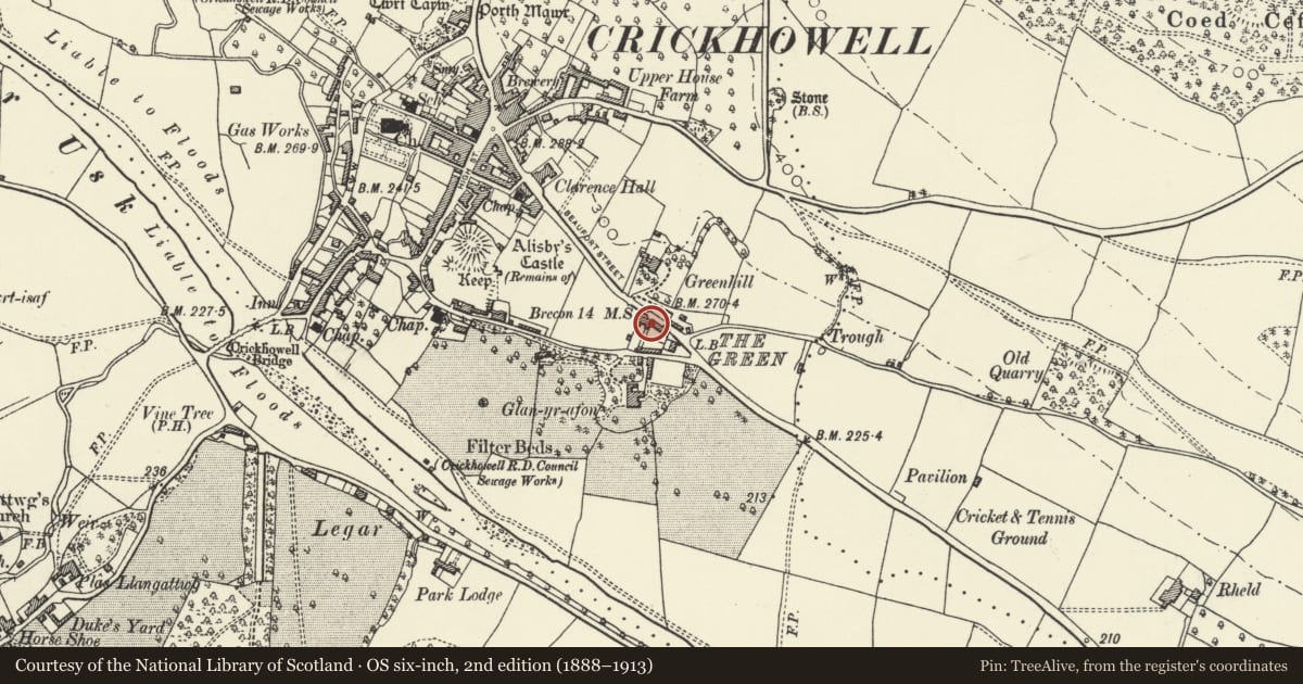 Ordnance Survey six-inch map, 2nd edition (1888–1913) covering the location of Greenhill Villas, Crickhowell, Powys, with a pin at the register's coordinates