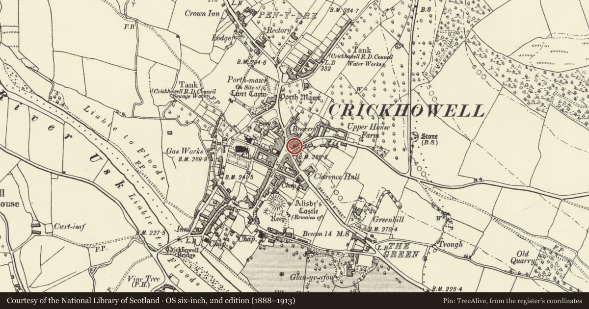 Ordnance Survey six-inch map, 2nd edition (1888–1913) covering the location of Queens Coffee Tavern (Percy Davies Institution), Crickhowell, Powys, with a pin at the register's coordinates