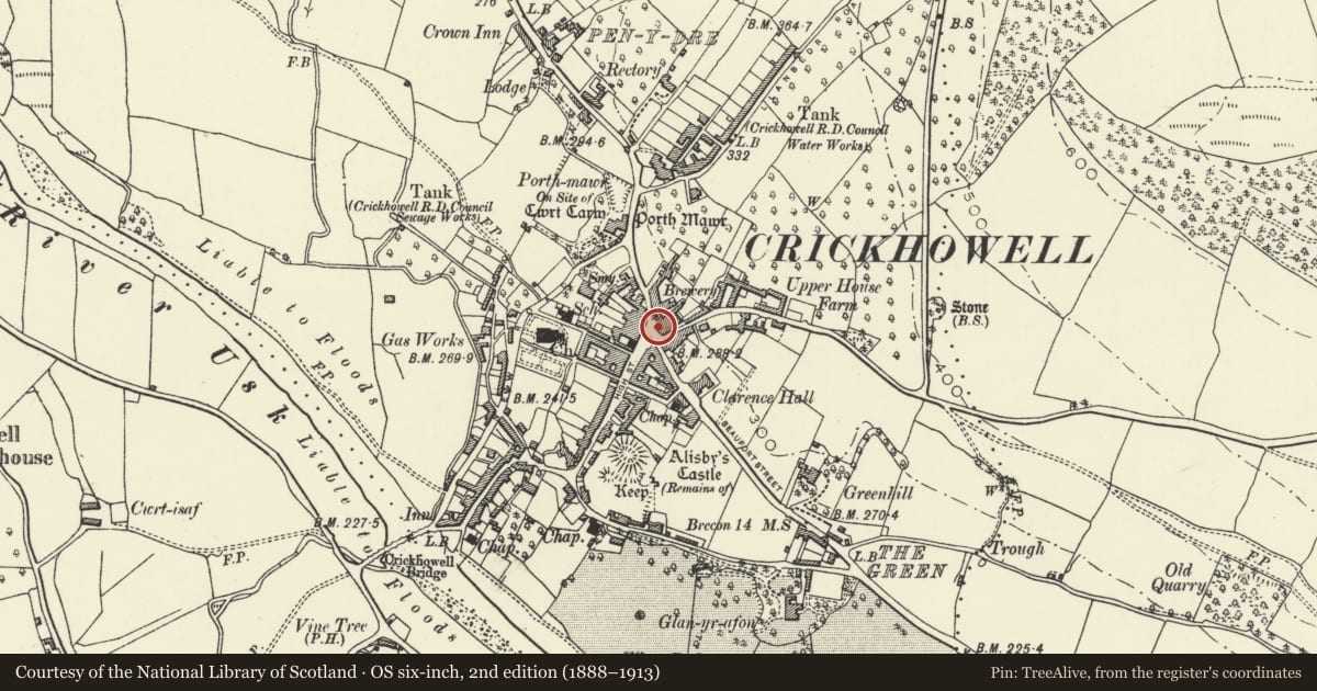 Ordnance Survey six-inch map, 2nd edition (1888–1913) covering the location of McGrath, Pearce & Co., Solicitors, Crickhowell, Powys, with a pin at the register's coordinates