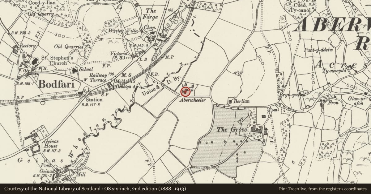 Ordnance Survey six-inch map, 2nd edition (1888–1913) covering the location of Aberwheeler House, Denbighshire, with a pin at the register's coordinates