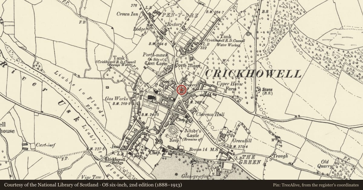 Ordnance Survey six-inch map, 2nd edition (1888–1913) covering the location of The Bear Hotel, Crickhowell, Powys, with a pin at the register's coordinates