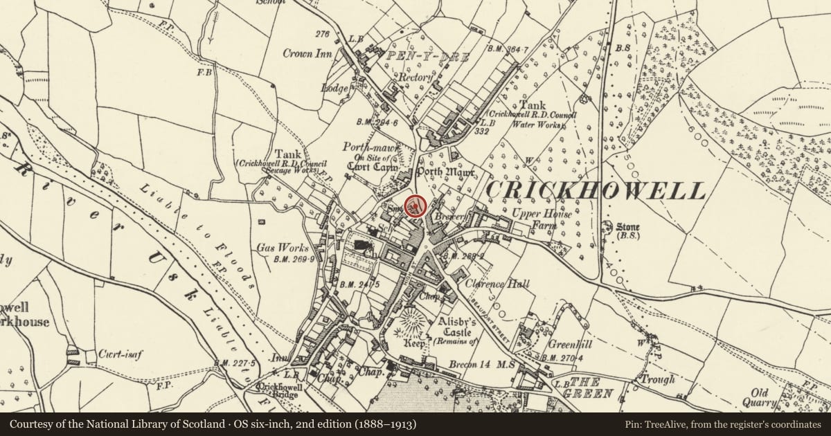 Ordnance Survey six-inch map, 2nd edition (1888–1913) covering the location of D.N.Stores, Crickhowell, Powys, with a pin at the register's coordinates