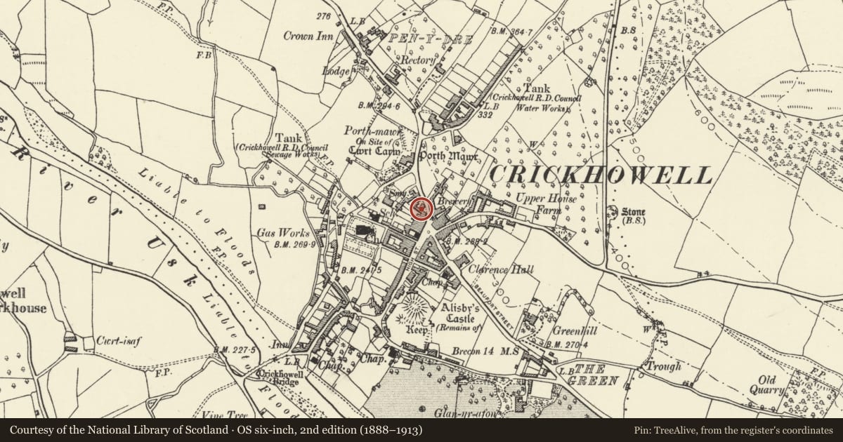 Ordnance Survey six-inch map, 2nd edition (1888–1913) covering the location of Cambrian Arms Hotel, Crickhowell, Powys, with a pin at the register's coordinates